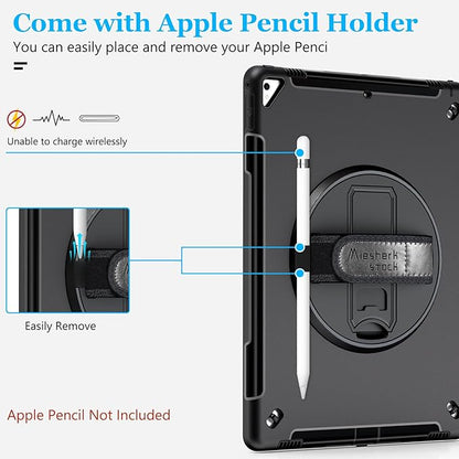 Case for iPad Pro 12.9 2nd Generation 2017 & 2015 1st Generation, Heavy Duty Rugged TPU Protective Cover with Screen Protector- Stand + Handle Hand & Shoulder Strap + Pencil Holder- Black