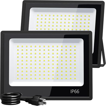 XXBSAZ 100W LED Flood Lights Outdoor, Plug-in & Hardwired Security Lights, IP66 Waterproof 6500K Daylight for Driveway, Garage & Backyard (2 Pack)