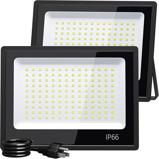 XXBSAZ 100W LED Flood Lights Outdoor, Plug-in & Hardwired Security Lights, IP66 Waterproof 6500K Daylight for Driveway, Garage & Backyard (2 Pack)