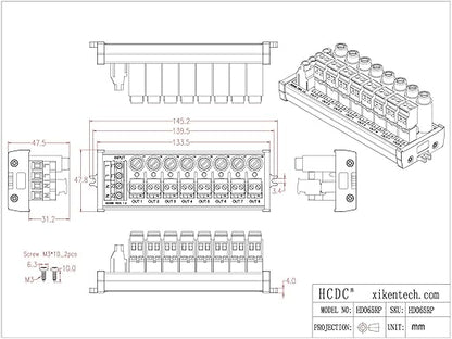 Screw Mount AC 24-250V 8 Channel Pluggable Side Wiring Terminal Block Power Distribution Fuse Module, HCDC HD065RP