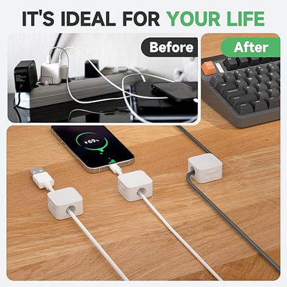 6 White Magnetic Cable Clips,Under Desk Cable Management,Cord Holder for Nightstand Home Office Car Phone Wall,2025 Adhesive Cord Organizer[0.45" in Ht Save Space/Versatile for Wire Up to 0.27" OD]