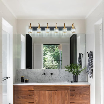 FDPBY 6-Light Crystal Vanity Light, Black Gold Modern Wall Sconce with K9 Crystal Shades, 51.18" Long Over Mirror Lighting for Bathroom, Makeup, Hallway, Elegant & Easy Install