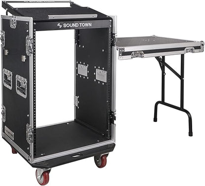 Sound Town Heavy-Duty 1/2" (12mm) Plywood 16U PA/DJ Rack/Road Case with 11U Slant Mixer Top, 20’’ Rackable Depth, DJ Work Table and Casters, 16-Space Size, Pro Tour Grade (STMR-16UWT)