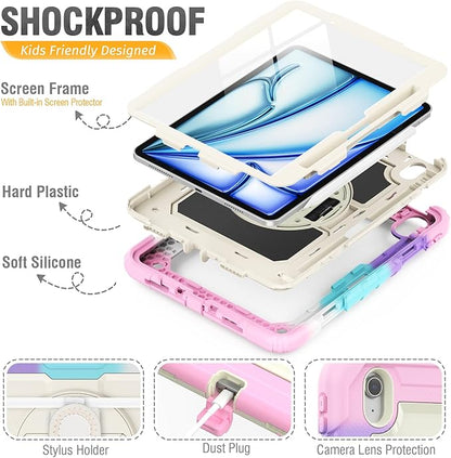 HXCASEAC Case for iPad Air 11 inch (2025 M3 / 2024 M2), Shockproof Design with Pencil Holder/Screen Protector/Rotating Hand Strap, Protective Cover for iPad Air 7th/6th Generation - Pink