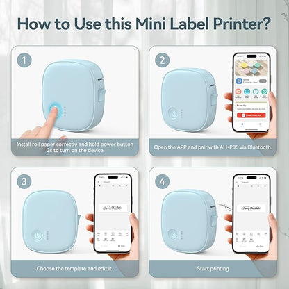 XenGro Mini Label Maker Machine with Tape AH-P05, Portable Bluetooth Mini Label Printer, Wireless Thermal Label Maker, Waterproof & Rechargeable, Built-in Cutter, for Home, Office, Kitchen – Blue