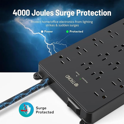 TROND Surge Protector Power Strip, 22 Widely Spaced Outlets with USB Ports, Wall Mount, 4000 Joules, ETL Listed, 10 ft Flat Plug Heavy Duty Extension Cord for Home, Office, Dorm Essential, Black