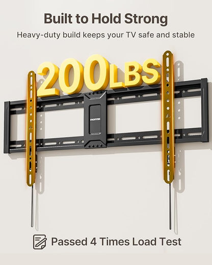 monTEK Heavy Duty Fixed TV Wall Mount for 43–95 Inch TVs, 1.1" Ultra Slim Low Profile Bracket, 200 lbs Capacity, Max VESA 800x400mm, Fits 16"/18"/24" Studs, Space-Saving for Large Flat & Curved TVs