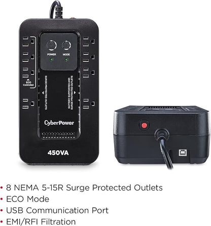 CyberPower EC450G Ecologic Battery Backup & Surge Protector UPS System, 450VA/260W, 8 Outlets, ECO Mode, Compact Uninterruptible Power Supply
