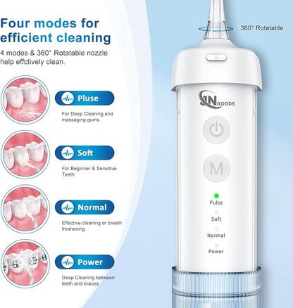 JNGOODS Mini Cordless Portable Water Flosser Oral Irrigator Water Teeth Cleaner Pick, Telescopic Water Tank, 4 Modes & IPX7 Waterproof, Home & Travel Water Flossers for Teeth, Braces Bridges Care.
