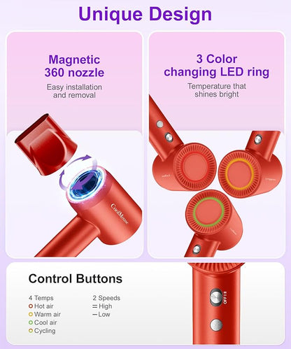 High-Speed Ionic Hair Dryer: 150000 RPM Brushless Motor 500 Millions Negative Ionic Care Blow Dryer for Fast Drying Low Noise Thermo-Control Hairdryer, Travel with Magnetic Diffuser & Nozzle