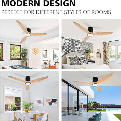 OUATER Wood Flush Mount Ceiling Fan with Light,52 inch Low Profile Modern Ceiling Fans for Outdoor/Patios/Bedroom/Office,3 color light,6 Speed,DC Motor,Wood and Modern Matte Black