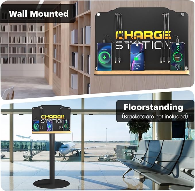 Wall Mount Charging Station with 8 Ports Phone Charger | Advertising Cell Phone Charging Station with Bamboo Organizer | Application for Schools, Office, Library, University