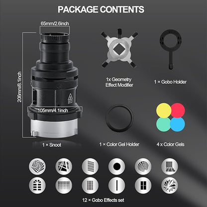 Alluneitter S-80 Bowens Mount Optical Conical Snoot Spotlight Kit. Adjustable Focus 38°Lens, Lighting Shape Changeable; for Photography, Studio Video, Compatible with Various LED Lights and Strobes