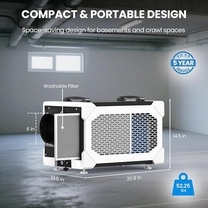 CADPXS Crawlspace Dehumidifier with Pump and Drain Hose, 145 Pints Commercial-Grade Dehumidifier for Crawl Spaces, Basements, Industrial and Water Damage Use, Large Capacity, Auto Defrost, cETL