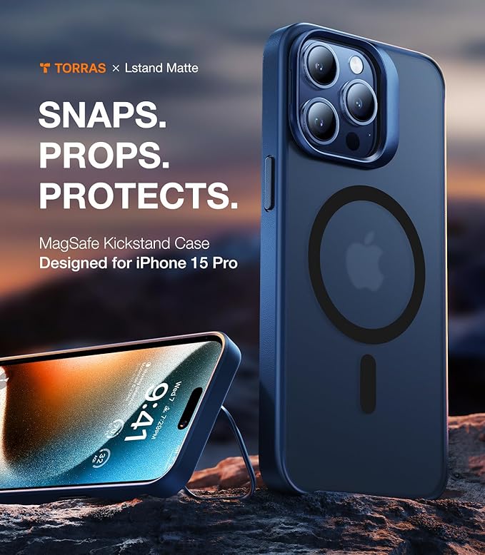 TORRAS Magnetic for iPhone 15 Pro Case, Compatible with MagSafe, Invisible Camera Kickstand, Military-Grade Shockproof Translucent Anti-Scratch Hard Back and Soft Edge Phone Case, Navy Blue