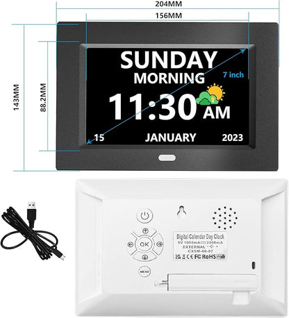 MRCHYDZ 7 Inch Clock with Day and Date for Elderly Large Display Digital Clocks 12 Alarms 3 Display Modes Large Font Alzheimer's Clock Alarm Clocks for Seniors Auto DST Black