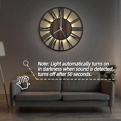 LEIKE Large Wall Clocks with Night Light Battery Operated,Silent Non Ticking,Rustic Modern Big Wood Clock for Living Room, Bedroom,Kitchen,Farmhouse,Office,Home Decor-20 Inch(Roman Numerals)