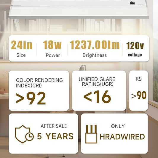 Ansen Hardwired Under Cabinet Lighting, 24in 18W LED Light for Kitchen/Closet, 1237lm, CRI>92, R9>90, 3 Color Temperature, Dimmable, 3000K/4000K/5000K(Warm White, Cool White, Daylight)
