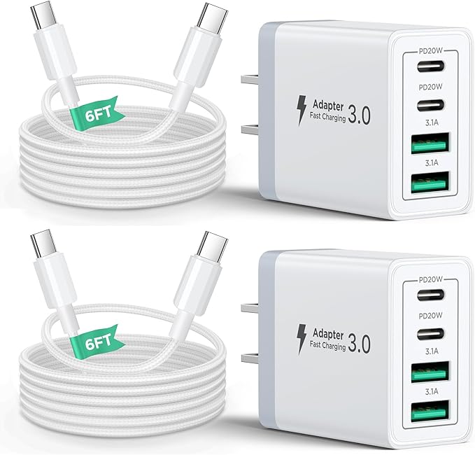 40W USB C Charger Block, 2Pack 4-Ports Type C Fast Phone Charging Cube with 6FT USBC to USBC Cord, Multiport Wall Plug Power Brick Box Compatible with iPhone, Samsung, iPad Pro, Cellphones Charger
