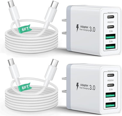40W USB C Charger Block, 2Pack 4-Ports Type C Fast Phone Charging Cube with 6FT USBC to USBC Cord, Multiport Wall Plug Power Brick Box Compatible with iPhone, Samsung, iPad Pro, Cellphones Charger