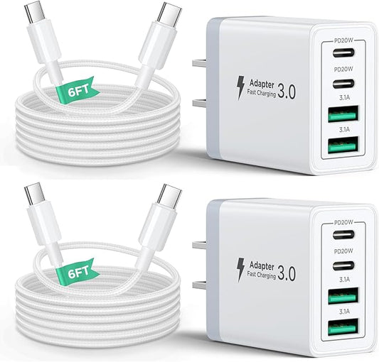 40W USB C Charger Block, 2Pack 4-Ports Type C Fast Phone Charging Cube with 6FT USBC to USBC Cord, Multiport Wall Plug Power Brick Box Compatible with iPhone, Samsung, iPad Pro, Cellphones Charger
