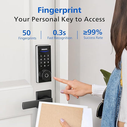 Philips Wi-Fi Smart Door Lock, Keyless Entry Door Lock with App Control,Fingerprint ID,Auto Lock,Keypad Deadbolt with Wi-Fi Bridge Adaptor,Smart Locks for Front Door-Satin Nickel
