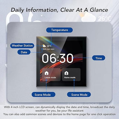 Smart Scene Wall Switch Panel 100 to 240V with 4 Inch Touch Screen and Voice Control for Smart Home Control (Compatible with ZigBee and BT Devices)