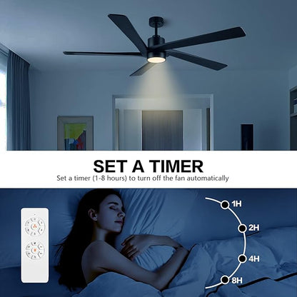 WINGBO 64" DC Ceiling Fan with Lights, 5 Carved Solid Wood Blades, 6-Speed Reversible DC Motor, Matte Black Finish Ceiling Fan with Remote, Black