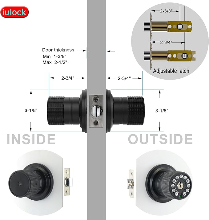 iulock Smart Door Knob with Keypad and Key,Keyless Entry Door Lock with Rubber Grip, Auto Lock,50 User Code,Waterproof, Easy to Install and Program for Bedroom (Matte Black Same Key 4 Pack)