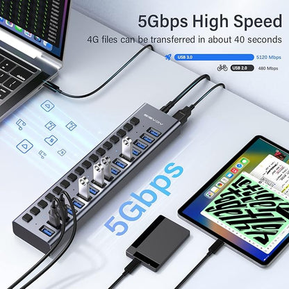 Powered USB 3.0 Hub, ACASIS 16 Ports USB 3.0 Hub with 5Gbps Data Speed，Aluminum Housing, USB Hub Powered with 90W Power Adapter, USB Hub for PC/Laptop, Computer, Flash Drive, Printer, Camera