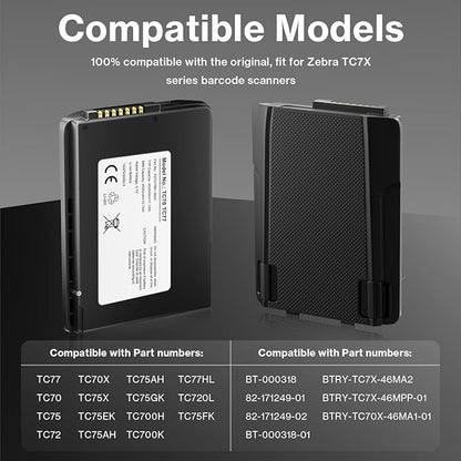 Replacement Battery for Zebra for Symbol TC77 TC70 TC75 TC72 TC70X TC75EK TC75AH TC75GK TC700H TC700K TC77HL TC75x TC720L TC75FK Handheld Barcode Scanner BTRY-TC7X-46MPP-01 / BT-000318