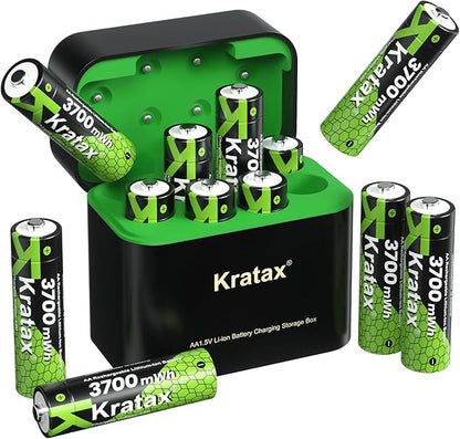 Kratax 12 Count 3700mWh AA Rechargeable Lithium Batteries with Battery Charger, High Capacity Double A li-ion Batteries 1.5v, Long Lasting, Charging Storage Box with AA Lithium Battery Rechargeable