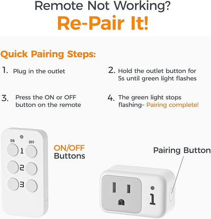 Remote Control Outlet, TESSAN Electrical Light Switch, Plug in Wall Plug with ON/Off Switch for Indoor String Lights, Lamps, Home Small Appliances, 100ft Range (1 Remote + 3 Outlets)