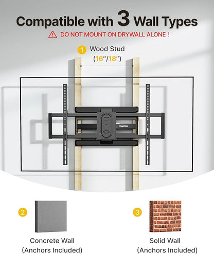 monTEK Heavy Duty Full Motion TV Wall Mount for 43–100 Inch TVs Pre-Assembled Bracket with Tool-Free Tilt Swivel & Extension Max VESA 800x600, 150lbs 4X Strength Tested Fits 16/18 Inch Studs, HW1276BK