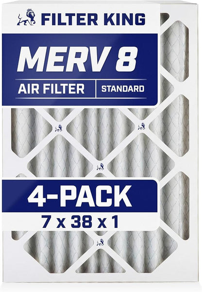 Filter King 7x38x1 Air Filter | 4-PACK | MERV 8 HVAC Pleated A/C Furnace Filters | MADE IN USA | Actual Size: 7 x 38 x .75"