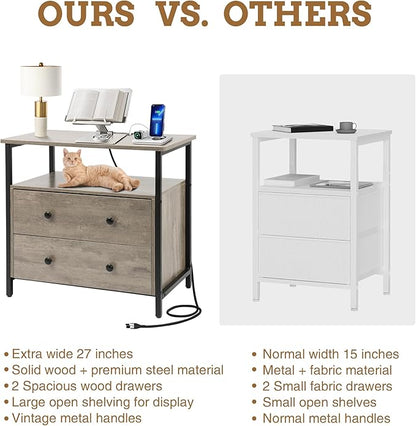 Edbuosy 27 inch Wide Night Stand with Charging Station, Bedside Table with Open Shelf, 2 Drawers Small Wood Dresser, Modern Wood Nightstand for Bedroom/Living Room (Rustic Gray)