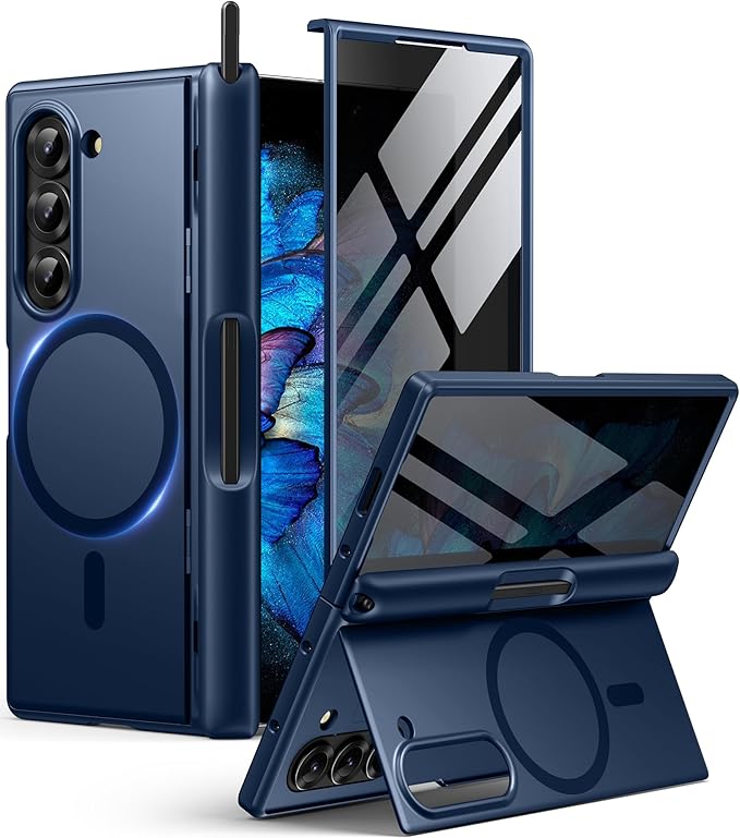 BERFY Magnetic for Samsung Galaxy Z Fold 6 Case with Privacy Screen Protector, [Compatible with MagSafe][Anti Spy]Built-in S Pen Holder & Kickstand, Full-Body Shockproof Phone Case for Z Fold 6, Blue