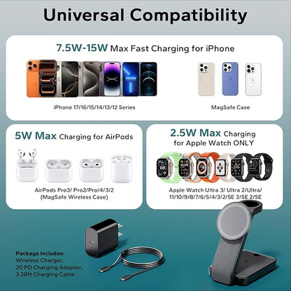 Eazpower 3 in 1 Foldable Wireless Charging Station for MagSafe, Nightstand Magnetic Charger Stand for iPhone 17 16 15 14 Pro Max, Travel Charging Dock with Night Light for Apple Watch/AirPods (Black)