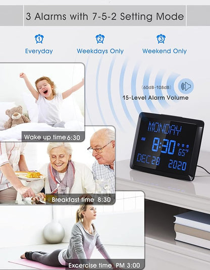 11.5" Large Display Digital Calendar Clock for Seniors, Digital Clock with Date and Day of Week for Elderly, 3 Alarms, 5 Dimmer, Temperature, Alarm Clock for Bedroom Living Room