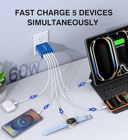 USB C Wall Charger, 60W USB C Charger Block 2-Pack 5-Port PD Fast Charging Blocks,Multiport 2USB C+3USB A Plug,Type C Power Adapter Brick Cube for iPhone 17/16/15/14/13,Samsung,for Switch（Dark Blue）