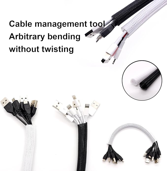 QCSIW 1/4 Inch-25ft Cable Management Sleeve - Flexible Wire Organizer System with Zipper for Home Office TV Computer, Durable Cord Cover Protector, Black