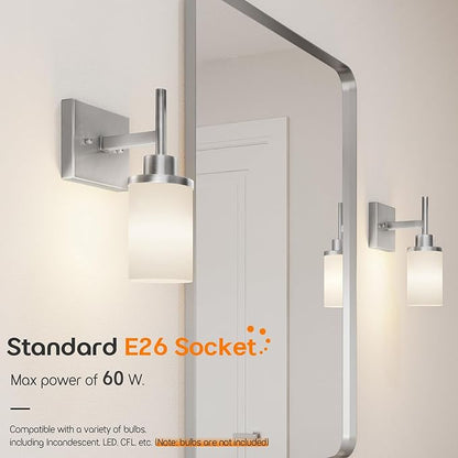 AONEON Bathroom Light Fixtures Brushed Nickel Vanity Lights with White Frosted Glass Shade, Wall Lamp for Mirror Kitchen Bedroom Porch, 2 Pack T001BR-L1-P2