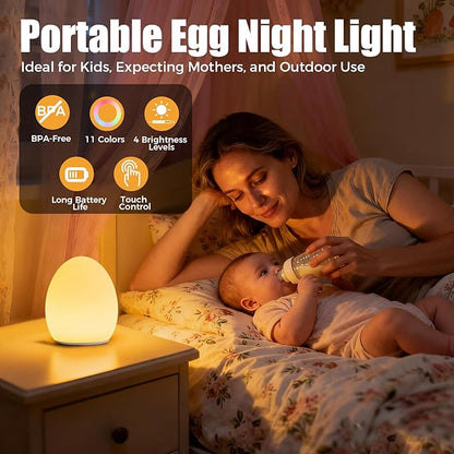 Harmobub Baby Night Light, Silicone Egg Light for Kids, Portable Touch Night Lamp with 11 Colors Changing, Nursery Night Light for Breastfeeding, BPA Free, Eye Caring, Soft