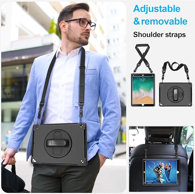 Case for iPad Pro 12.9 2nd Generation 2017 & 2015 1st Generation, Heavy Duty Rugged TPU Protective Cover with Screen Protector- Stand + Handle Hand & Shoulder Strap + Pencil Holder- Black