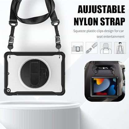 ZenRich Clear Case for iPad 9th/8th/7th Generation 10.2 inch 2021/2020/2019, Shockproof Slim Hard Case with Pencil Holder/360°Rotating Kickstand/Handle/Carrying Strap, Black