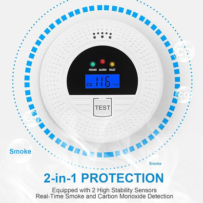 Smoke Alarm and CO Detector with LCD, Smoke Carbon Monoxide Detector with Loud 85dB, Battery Operated, Easy Setup