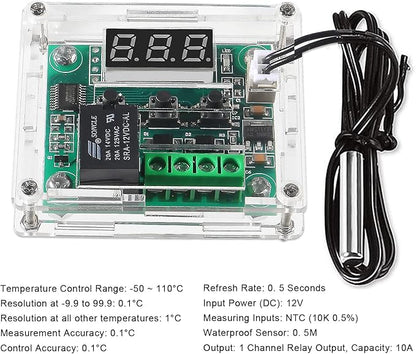 AEDIKO 2pcs W1209 DC 12V Digital Temperature Controller Board Digital Display Thermostat -50-110°C Electronic Temperature Temp Control Module Switch with Waterproof Case