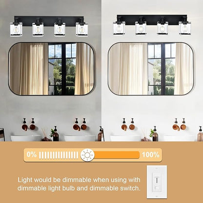 WINSHEN 4-Light Bathroom Vanity Light Fixture, Modern Black Wall Lighting Over Mirror with Rectangular Clear Glass, E26 Bulb Base