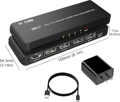 DisplayPort Splitter for 4 Monitors, Three DP with HDMI Adapter 8K@60Hz Extended Display 1 in 4 Out DisplayPort MST Hub for Multiple Monitor, Compatible with Computer, Graphic Card, PC