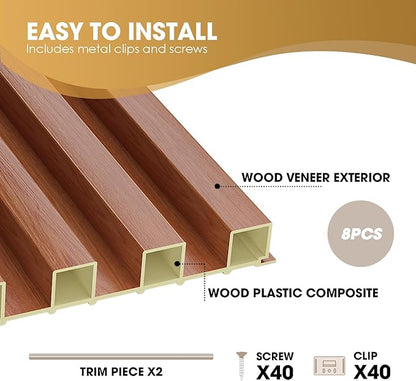 OUZUGIE WPC Acoustic Slat Wall Paneling, 8-Pack 96 x 6 Inches 3D Wall Panels for Interior Wall Decor,Living Room,TV Background,Study Room,Office Spaces,Bedroom,High Grille (Teak)